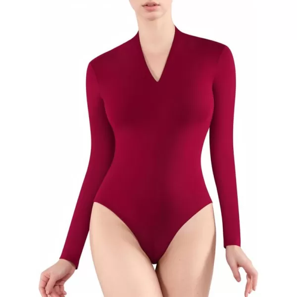 MANGOPOP Long Sleeve Bodysuit for Women V neck Womens Body Suit Fitted Tops ShirtsLong Sleeve Burgundy