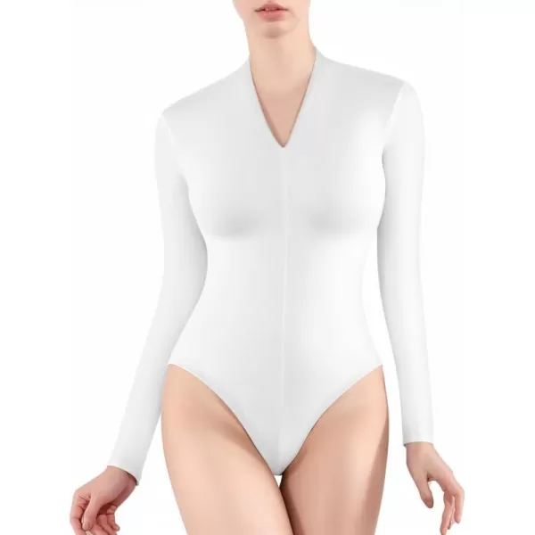 MANGOPOP Long Sleeve Bodysuit for Women V neck Womens Body Suit Fitted Tops ShirtsLong Sleeve White