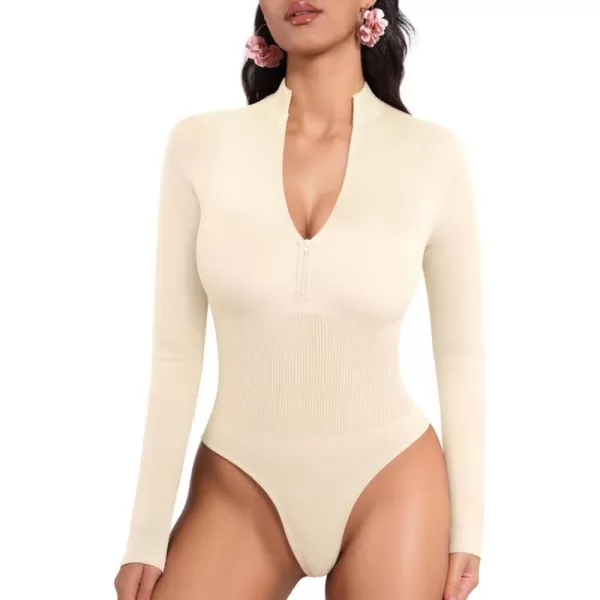 MANGOPOP Long Sleeve Thong bodysuit Shapewear Tummy Control Mock TurtleNeck Zip Up Bodysuits for Women Ribbed SeamlessBeige