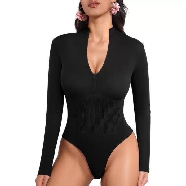 MANGOPOP Long Sleeve Thong bodysuit Shapewear Tummy Control Mock TurtleNeck Zip Up Bodysuits for Women Ribbed SeamlessBlack