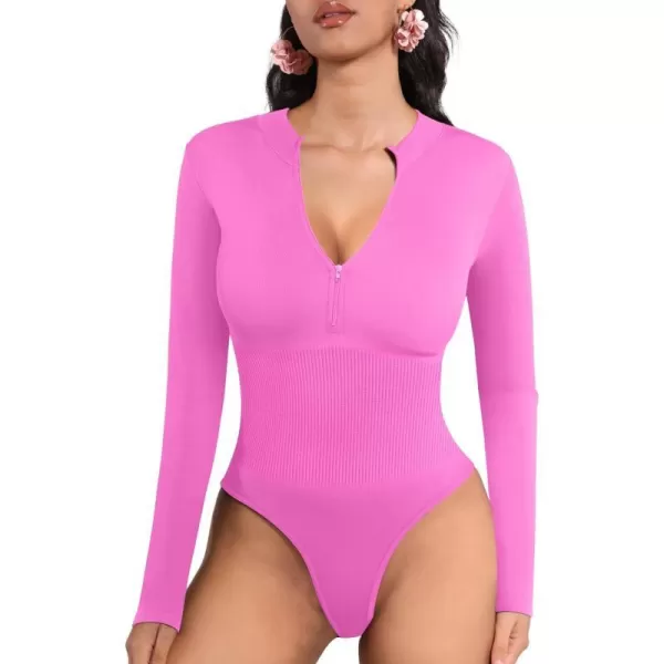 MANGOPOP Long Sleeve Thong bodysuit Shapewear Tummy Control Mock TurtleNeck Zip Up Bodysuits for Women Ribbed SeamlessBlush