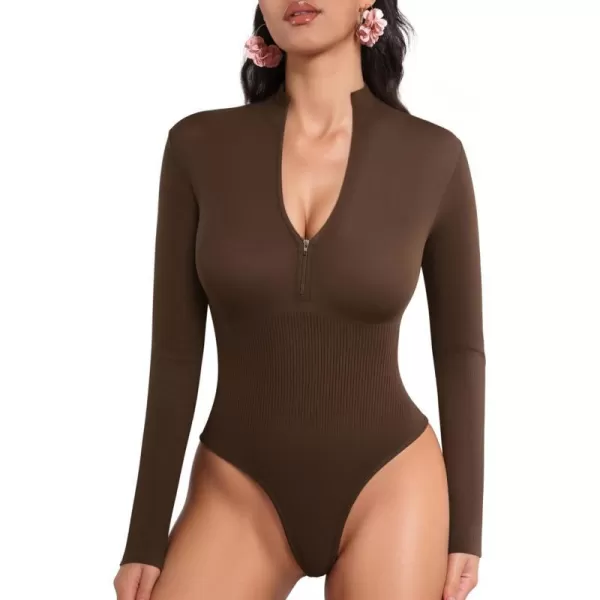 MANGOPOP Long Sleeve Thong bodysuit Shapewear Tummy Control Mock TurtleNeck Zip Up Bodysuits for Women Ribbed SeamlessCoffee