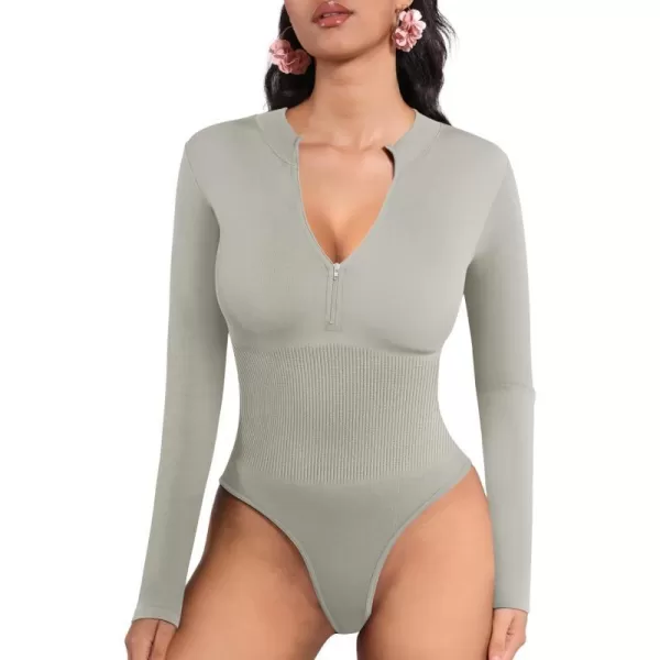 MANGOPOP Long Sleeve Thong bodysuit Shapewear Tummy Control Mock TurtleNeck Zip Up Bodysuits for Women Ribbed SeamlessElephant Grey