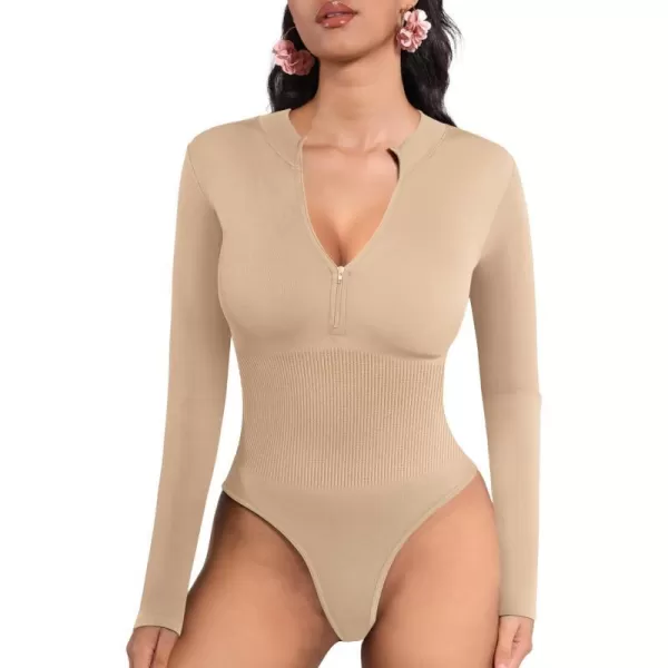 MANGOPOP Long Sleeve Thong bodysuit Shapewear Tummy Control Mock TurtleNeck Zip Up Bodysuits for Women Ribbed SeamlessLight Camel