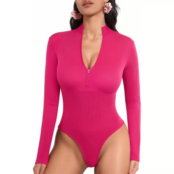 MANGOPOP Long Sleeve Thong bodysuit Shapewear Tummy Control Mock TurtleNeck Zip Up Bodysuits for Women Ribbed SeamlessRose Pink