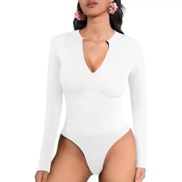 MANGOPOP Long Sleeve Thong bodysuit Shapewear Tummy Control Mock TurtleNeck Zip Up Bodysuits for Women Ribbed SeamlessWhite