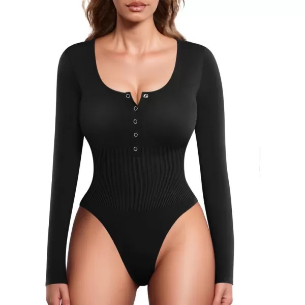 MANGOPOP Scoop Neck Henley Bodysuit Shirts for Women Button Down Basic Ribbed Thong BodysuitsLong Sleeve Black