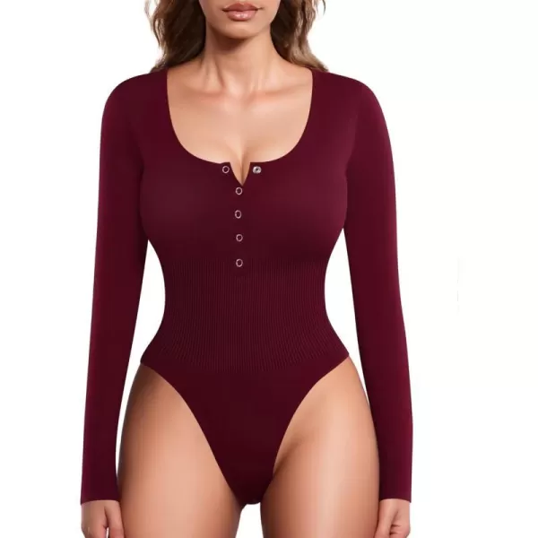 MANGOPOP Scoop Neck Henley Bodysuit Shirts for Women Button Down Basic Ribbed Thong BodysuitsLong Sleeve Burgundy