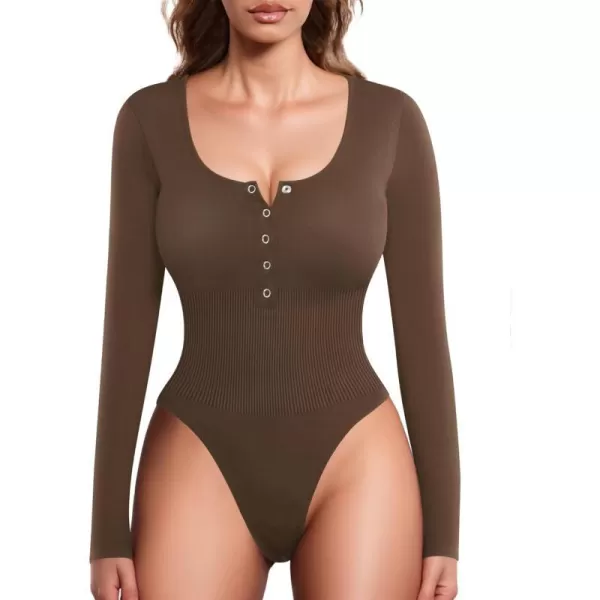 MANGOPOP Scoop Neck Henley Bodysuit Shirts for Women Button Down Basic Ribbed Thong BodysuitsLong Sleeve Coffee