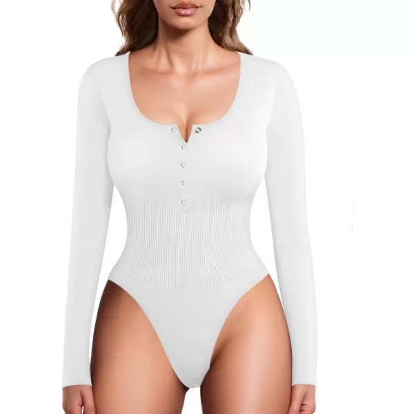 MANGOPOP Scoop Neck Henley Bodysuit Shirts for Women Button Down Basic Ribbed Thong BodysuitsLong Sleeve White