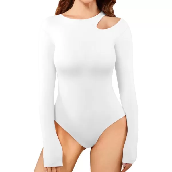 MANGOPOP Sexy Cut Out Round Neck Long Sleeve Bodysuit Tops One Shoulder Off Body Suits for WomensAwhite