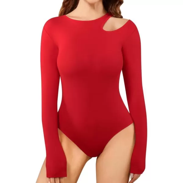 MANGOPOP Sexy Cut Out Round Neck Long Sleeve Bodysuit Tops One Shoulder Off Body Suits for WomensRed