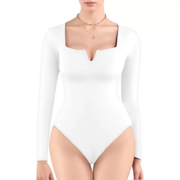 MANGOPOP Sweetheart Neckline Bodysuit Long Sleeve Body Suit for Women Fitted Shirts TopsLong Sleeve White