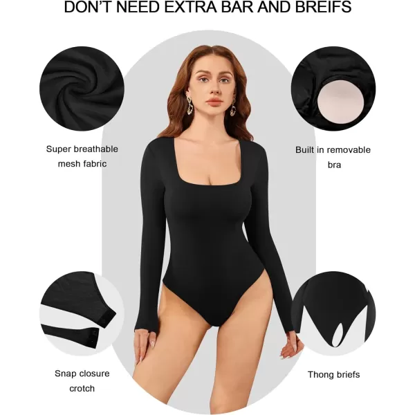 MANGOPOP Bodysuit for women Square Neck Long Sleeve Tops Built in Bra Thong Body suitsA Long Sleeve Black