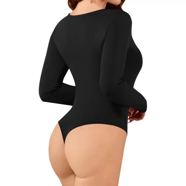 MANGOPOP Bodysuit for women Square Neck Long Sleeve Tops Built in Bra Thong Body suitsA Long Sleeve Black