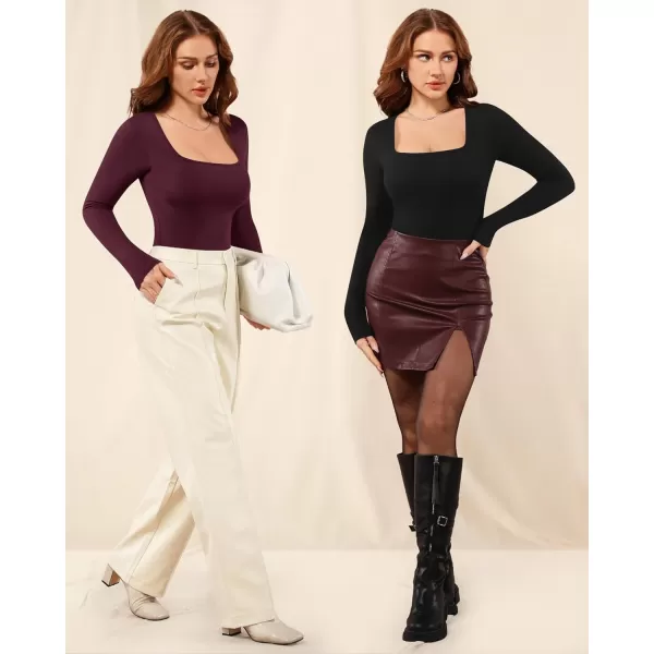 MANGOPOP Bodysuit for women Square Neck Long Sleeve Tops Built in Bra Thong Body suitsBurgundy