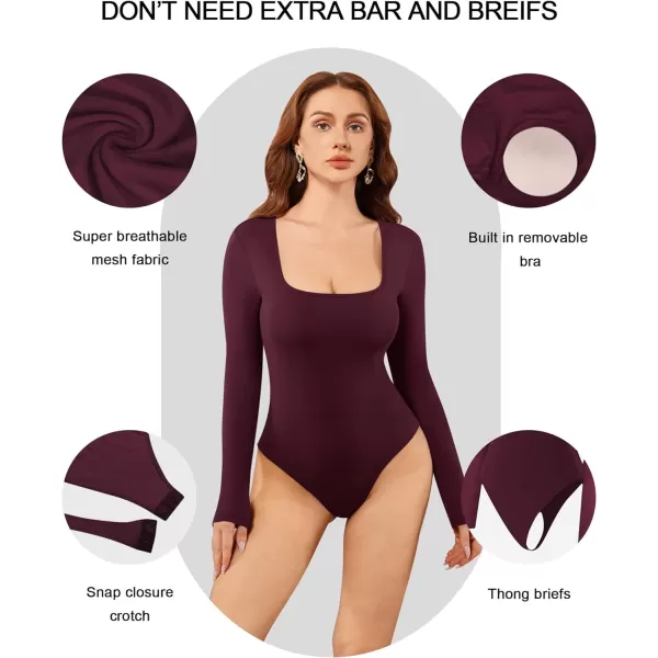 MANGOPOP Bodysuit for women Square Neck Long Sleeve Tops Built in Bra Thong Body suitsBurgundy