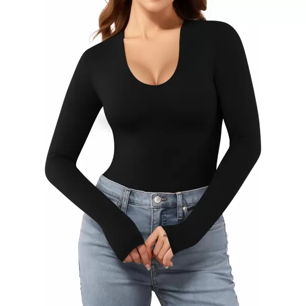 MANGOPOP Double Lined Long Sleeve Bodysuits for Women V Neck Slim Fit Sexy Body Suit Shirt Tops for Going OutA Long Sleeve Black