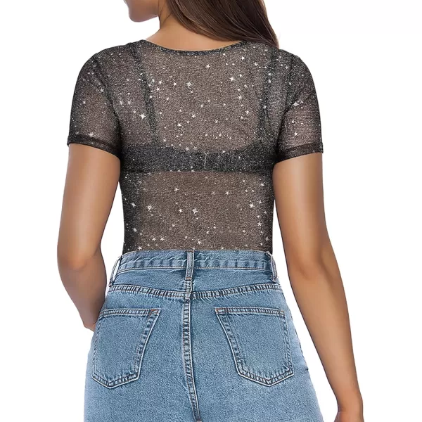 MANGOPOP Glitter Sheer Mesh Top Women Short Long Sleeve Sexy Shirt See Through Clubwear Tee Slim BlouseSilver