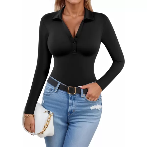 MANGOPOP Henley Bodysuit for Women Button Down Long Sleeve Tops Body Suits Dressy Blouse CasualBlack