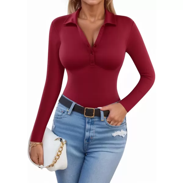 MANGOPOP Henley Bodysuit for Women Button Down Long Sleeve Tops Body Suits Dressy Blouse CasualBurgundy