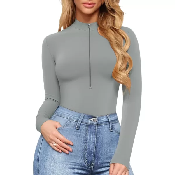 MANGOPOP Long Sleeve Body Suit Mock Turtle Neck Zip Up Bodysuit for Women Ribbed Deep V Sexy Bodysuit ShirtsAlong Sleeve Elephant Grey Mock V Neck