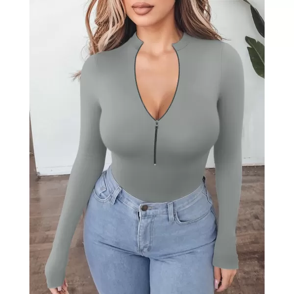 MANGOPOP Long Sleeve Body Suit Mock Turtle Neck Zip Up Bodysuit for Women Ribbed Deep V Sexy Bodysuit ShirtsAlong Sleeve Elephant Grey Mock V Neck