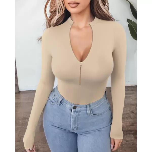 MANGOPOP Long Sleeve Body Suit Mock Turtle Neck Zip Up Bodysuit for Women Ribbed Deep V Sexy Bodysuit ShirtsAlong Sleeve Semolina Mock V Neck