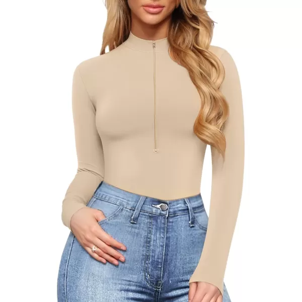 MANGOPOP Long Sleeve Body Suit Mock Turtle Neck Zip Up Bodysuit for Women Ribbed Deep V Sexy Bodysuit ShirtsAlong Sleeve Semolina Mock V Neck