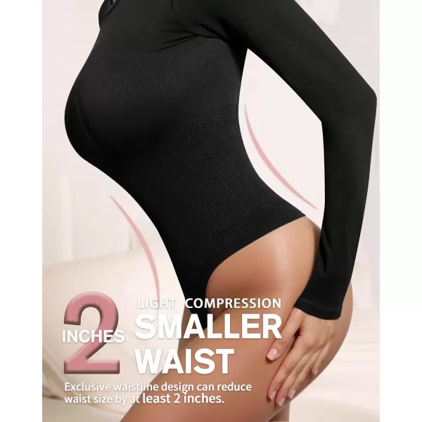 MANGOPOP Long Sleeve Thong Bodysuit Shapewear Tummy Control Crew Neck Seamless Body Suit for Women Ribbed BasicBlack