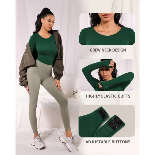 MANGOPOP Long Sleeve Thong Bodysuit Shapewear Tummy Control Crew Neck Seamless Body Suit for Women Ribbed BasicDeep Green