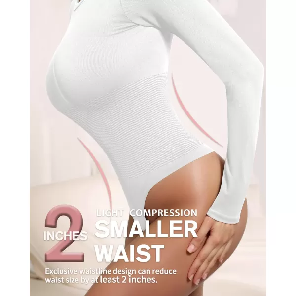 MANGOPOP Long Sleeve Thong Bodysuit Shapewear Tummy Control Crew Neck Seamless Body Suit for Women Ribbed BasicWhite