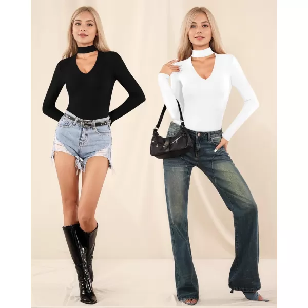 MANGOPOP Mock Turtleneck V Neck Long Sleeve Bodysuit for Women Cutout Front Body Suit SexyBlack
