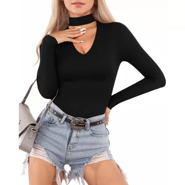 MANGOPOP Mock Turtleneck V Neck Long Sleeve Bodysuit for Women Cutout Front Body Suit SexyBlack
