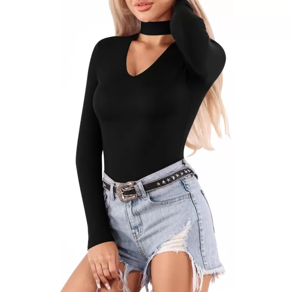 MANGOPOP Mock Turtleneck V Neck Long Sleeve Bodysuit for Women Cutout Front Body Suit SexyBlack
