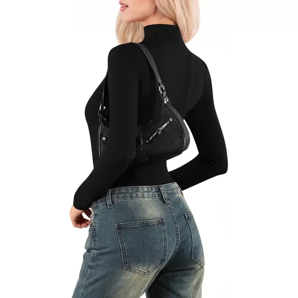 MANGOPOP Mock Turtleneck V Neck Long Sleeve Bodysuit for Women Cutout Front Body Suit SexyBlack