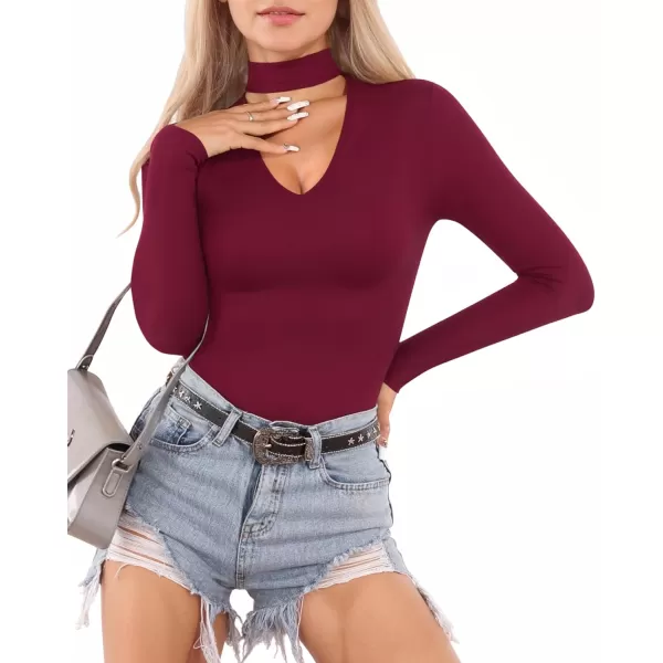 MANGOPOP Mock Turtleneck V Neck Long Sleeve Bodysuit for Women Cutout Front Body Suit SexyBurgundy