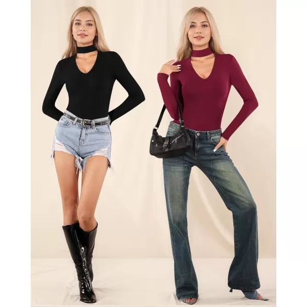 MANGOPOP Mock Turtleneck V Neck Long Sleeve Bodysuit for Women Cutout Front Body Suit SexyBurgundy