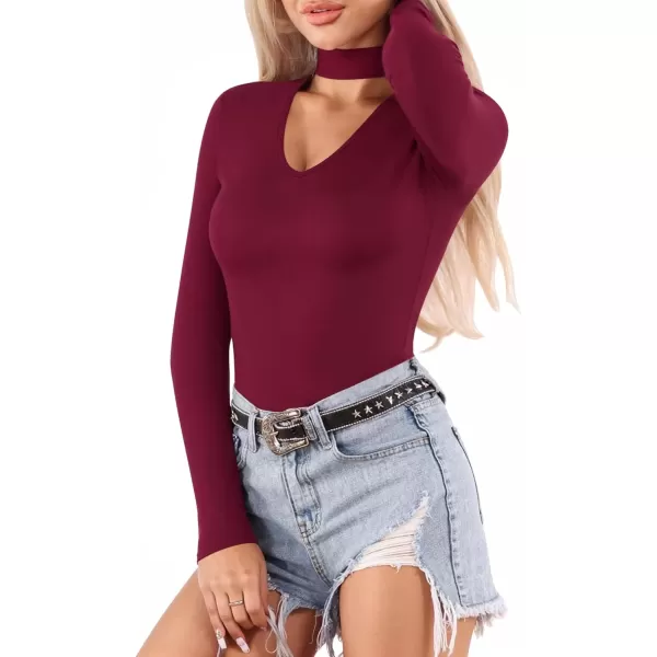 MANGOPOP Mock Turtleneck V Neck Long Sleeve Bodysuit for Women Cutout Front Body Suit SexyBurgundy