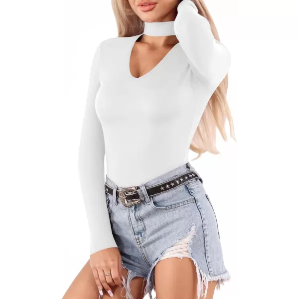 MANGOPOP Mock Turtleneck V Neck Long Sleeve Bodysuit for Women Cutout Front Body Suit SexyWhite