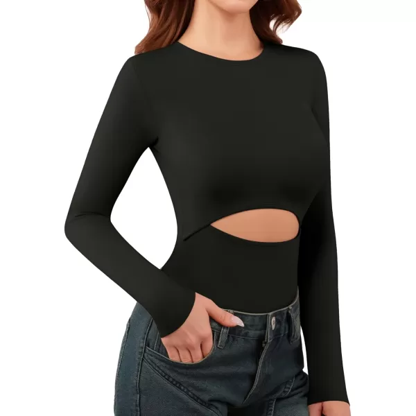 MANGOPOP Round Neck Long Sleeve Bodysuit for Women High Waist Tummy Control TShirt Body SuitsLong Sleeve Black