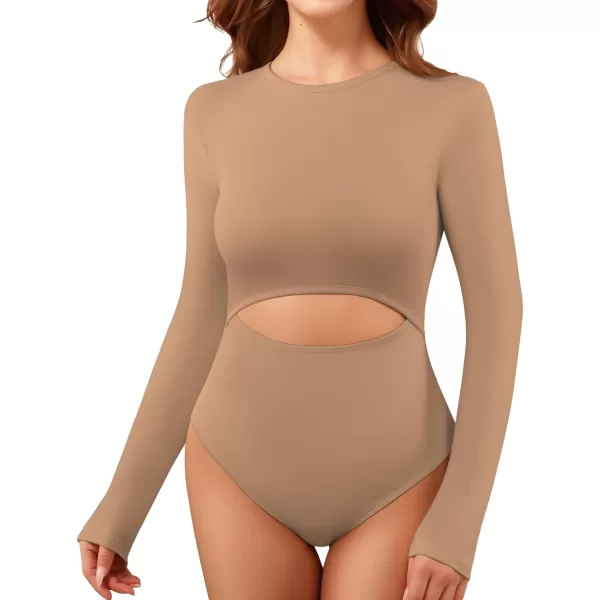 MANGOPOP Round Neck Long Sleeve Bodysuit for Women High Waist Tummy Control TShirt Body SuitsLong Sleeve Mocha