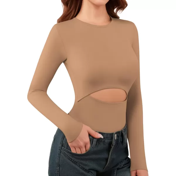 MANGOPOP Round Neck Long Sleeve Bodysuit for Women High Waist Tummy Control TShirt Body SuitsLong Sleeve Mocha