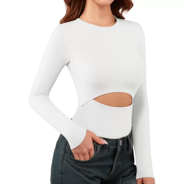 MANGOPOP Round Neck Long Sleeve Bodysuit for Women High Waist Tummy Control TShirt Body SuitsLong Sleeve White