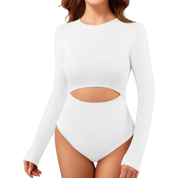 MANGOPOP Round Neck Long Sleeve Bodysuit for Women High Waist Tummy Control TShirt Body SuitsLong Sleeve White