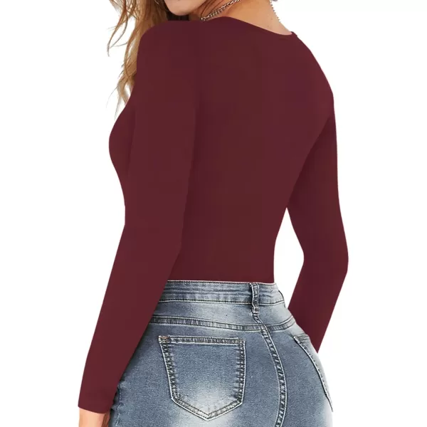 MANGOPOP Scoop Neck Body Suits for Womens Long Sleeve Black Bodysuit TopsBlackburgundy 2 Pack