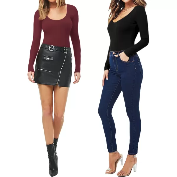 MANGOPOP Scoop Neck Body Suits for Womens Long Sleeve Black Bodysuit TopsBlackburgundy 2 Pack