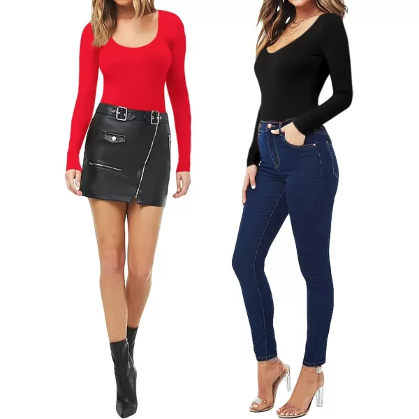 MANGOPOP Scoop Neck Body Suits for Womens Long Sleeve Black Bodysuit TopsBlackred 2 Pack