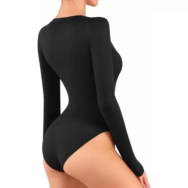 MANGOPOP Scoop Neck Long Sleeve Bodysuit for Women Basic Bodysuits Sexy TopsBlack