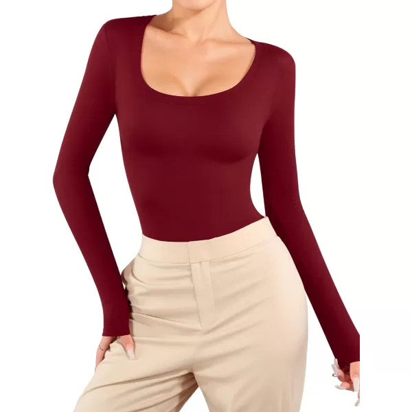 MANGOPOP Scoop Neck Long Sleeve Bodysuit for Women Basic Bodysuits Sexy TopsBurgundy